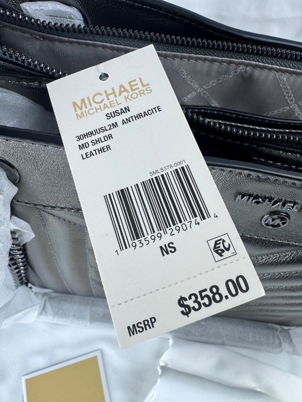 NWT Michael Kors Susan Anthracite/Gunmetal Leather Shoulder Bag w/ Chain Strap - Picture 12 of 12